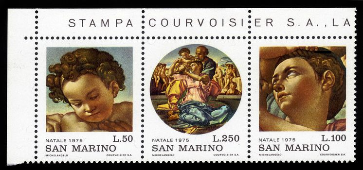 SAN MARINO - CIRCA 1975: A stamp printed in San Marino shows painting by Michelangelo Buonarroti, Christmas, circa 1975