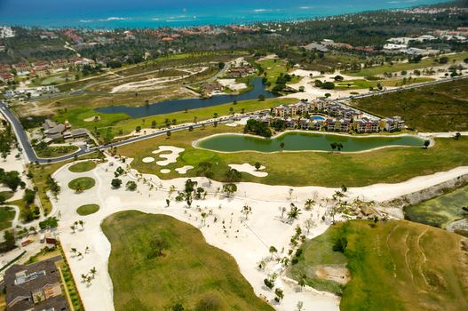 Flying above a golf course at an exotic destination