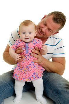 Happy and smiling baby and father. The baby 3 month old. Isolated on a white background.