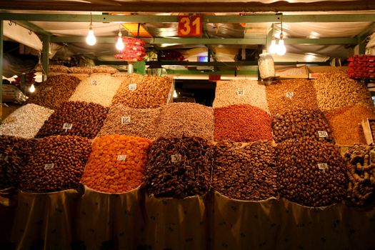 Food Stalls with dry fruits in Djemaa el Fna, Marrakesh, Morocco