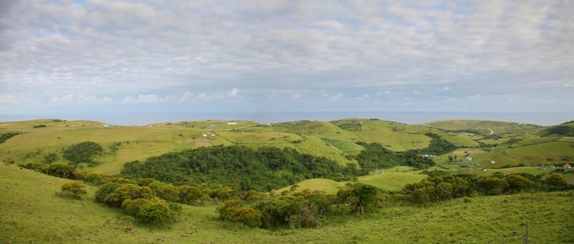 Green fields and small woods in Coffee bay facing the Indian Ocean and small round green huts all around. Garden Road, South Africa 2007