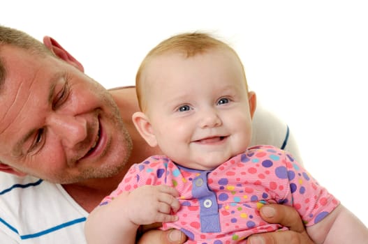 Happy and smiling baby and father. The baby 3 month old. Isolated on a white background.