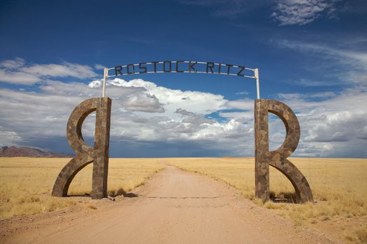 NAMIBIA, KEETMANSCHOP, JANUARY 14: entrance to the Rostock Ritz Lodge on the way back from Sossusvlei, January 14, 2010, Namibia