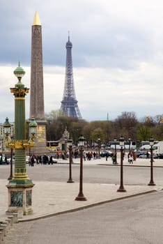Famous monuments in Paris. The Eiffel Tower as well as the obelisk which was given to Napoleon by an Egyptian Pharaoh a long time ago. 2010