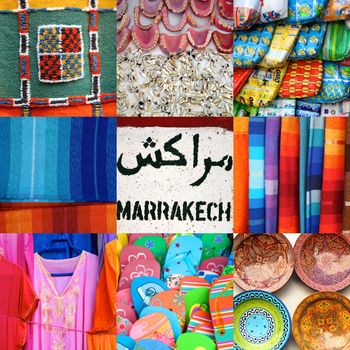 Composition of 9 images in a square format including close-up of products found in the old medina or souk of Marrakech