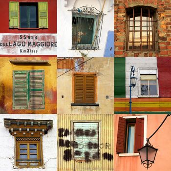 High-definition composition of 9 houses windows in various locations of the world