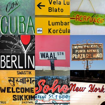 Composition of world travel signs in Africa, Asia and South America