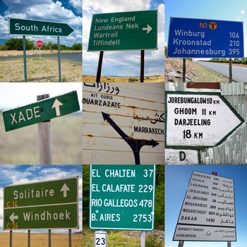 Composition of travel signs in Africa, Asia and South America
