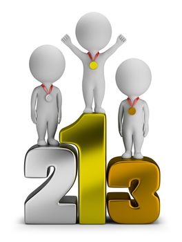 3d small people - winners standing on numbers. 3d image. White background.