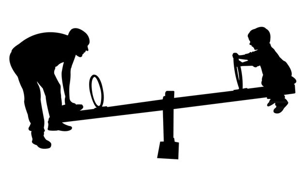 father and boy playing, seesaw, silhouette vector