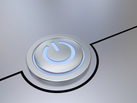 Metallic on-off button illustration with glowing blue light