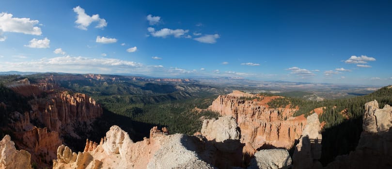 Panoramic view to one of the amphitheatres of Bryce Canyon late afternoon with sunset