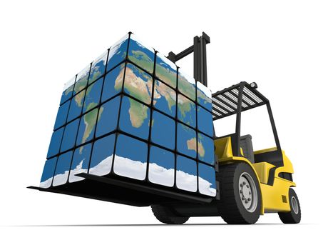 Concept of global transportation, modern yellow forklift carrying planet Earth in form of cube, isolated on white background. Elements of this image furnished by NASA.