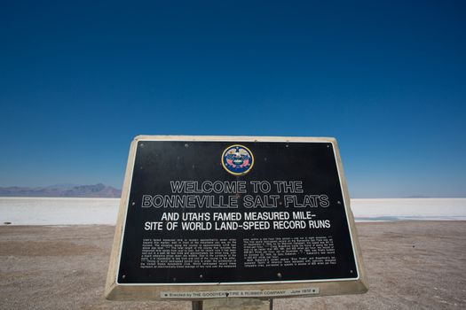Entrance sign to the Bonneville Salt Flats Recreation Area Utah USA