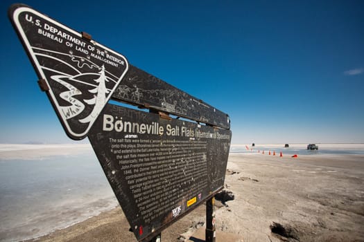 Entrance sign to the Bonneville Salt Flats Recreation Area Utah USA