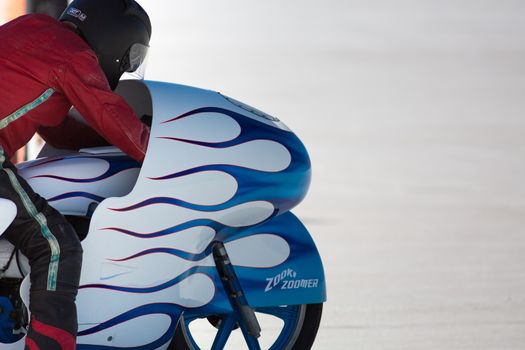 BONNEVILLE SALT FLATS, UTAH,  SEPTEMBER 8: G. Lewis on his white and blue super bike during the World of Speed, close to Salt Lake City, 2012.