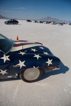 BONNEVILLE SALT FLATS, UTAH - SEPTEMBER 8: Front side of an American Hot Rod with American flag during the World of Speed 2012.