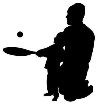 father playing teaching to play tennis to his son