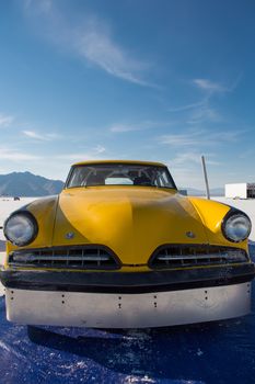 BONNEVILLE SALT FLATS, UTAH, SEPTEMBER 8: Front side of an American Hot Rod painted in yellow during the World of Speed 2012.