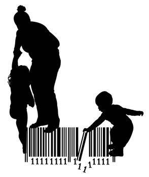 mother pulling her daughter and baby girl playing on bar code ,silhouette vector