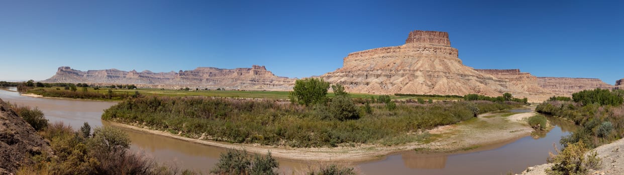 Panoramic view of Green River at Little Hole, Utah, spring with fresh green colors
