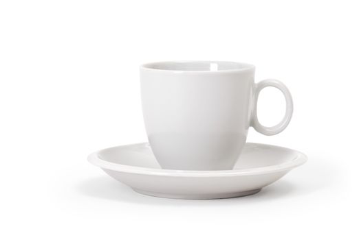 Photo of a white cup and saucer on a white background.