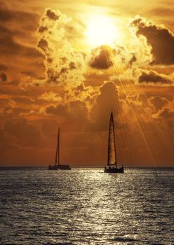 Sailboats in the sea at sunset 