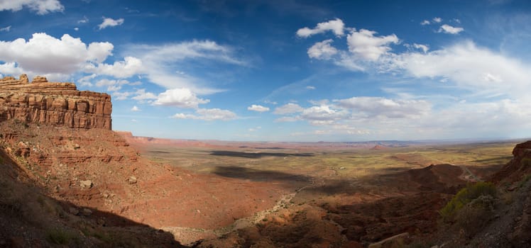 Valley Of Gods in Utah on the way to Monument Valley National Park. Panoramic view of American Southwest.