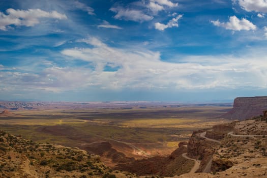 Valley Of Gods in Utah on the way to Monument Valley National Park. Panoramic view of American Southwest.
