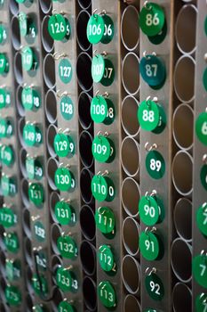 View of green repeated numbers on a wall in a hotel in San Francisco, United States