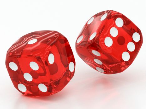 two red dices falling on a white background