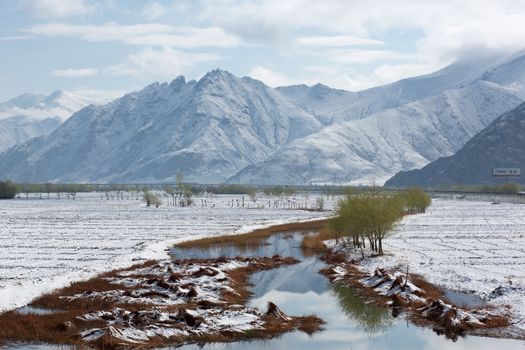 Beautiful panorama of the mountains and river. The road of Friendship in Tibet - Going to Kathmandu