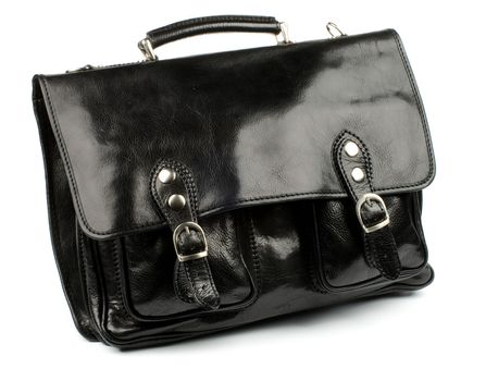 Black Shiny Leather Old Fashioned Briefcase with Gold Details and Fasteners isolated on white background