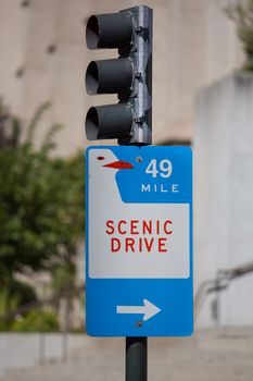 Road sign for Scenic Drive County Road hanging on a set of traffic light in San Francisco vertical with copy space.
