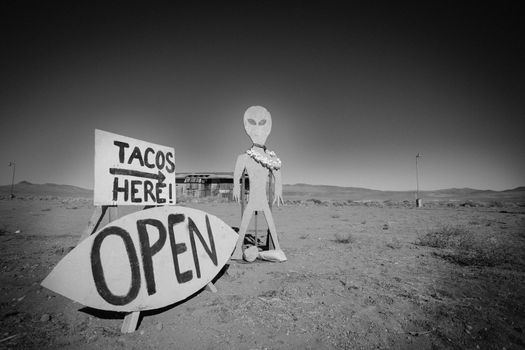 Alien and a Taco Shop SIgn on the way to the black rock desert in Nevada, Black and White pitcure