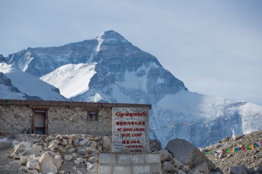 Mount Everest Elevation Sign with Height at Base Camp in Tibet