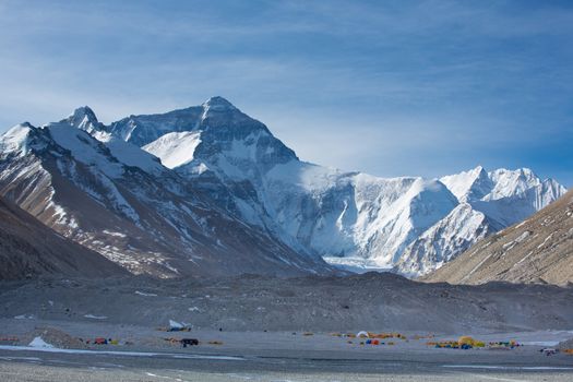 View of the base camp area of the Everest in Tibet with a clear blue sky in Tibet, China 2013.