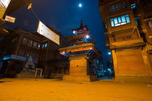 A little Temple on a square at a very quiet night in Bhaktapur, Nepal, 24 April 2013.