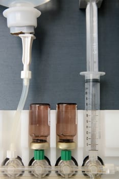 Syringes closeup and medical equipment in a laboratory at the university.
