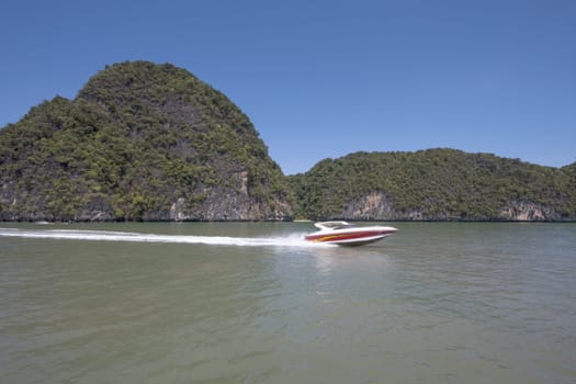 A speedboat in Phang Nga Bay, Thailand