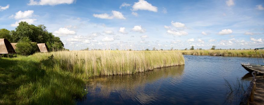 Panorama of lodge facing the river and the bush in Moremi Game Reserve, Botswana.