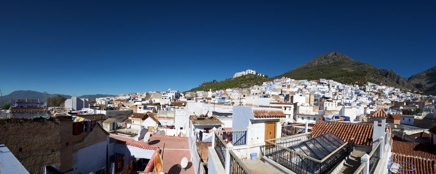 Panoramic view of the village Chaouen or Chefchaouen in the Rif mountain in Morocco.