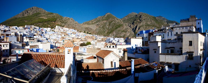 Panoramic view of the village Chaouen or Chefchaouen in the Rif mountain in Morocco.