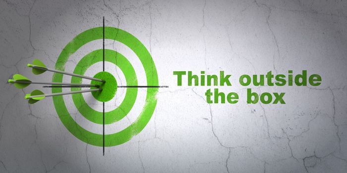 Success Education concept: arrows hitting the center of target, Green Think outside The box on wall background, 3d render