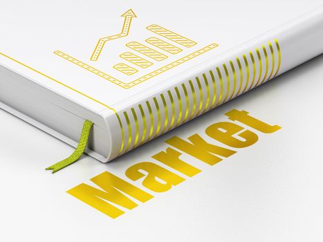 Finance concept: closed book with Gold Growth Graph icon and text Market on floor, white background, 3d render