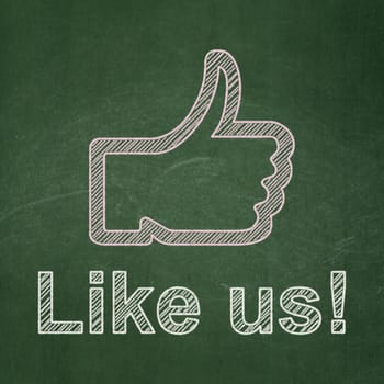 Social media concept: Thumb Up icon and text Like us! on Green chalkboard background, 3d render