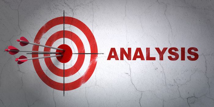 Success advertising concept: arrows hitting the center of target, Red Analysis on wall background, 3d render