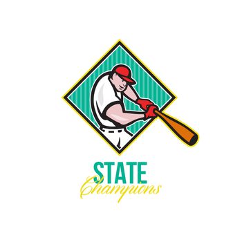 Illustration of a american baseball player batter hitter batting with bat inside diamond shape done in cartoon style with words State Champions.