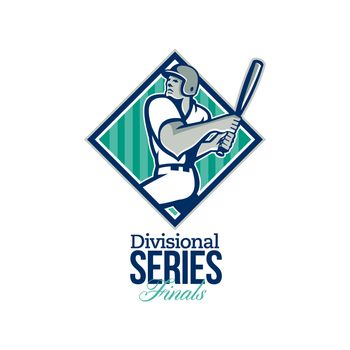 Illustration of a american baseball player batter hitter batting set inside diamond shape with stars and stripes done in retro style with words Divisional Series Finals.