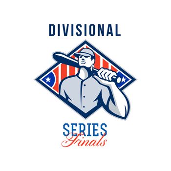 Illustration of a american baseball player batter hitter holding bat on shoulder set inside diamond shape with stars and stripes done in retro style with words Divisional Series Finals.